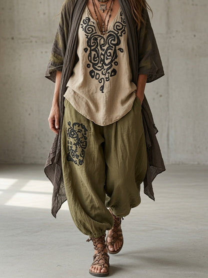 Nausicaa, completo tre pezzi con kimono, blusa a volute e pantalone alla turca, verde oliva