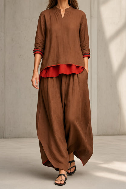 Alessia | Completo Top con Strato Rosso e Pantalone Ampio