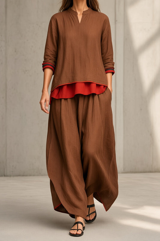 Alessia | Completo Top con Strato Rosso e Pantalone Ampio