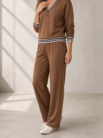 Giacoma, completo con felpa scollo a V, bordi a righe e pantalone ampio, caffè
