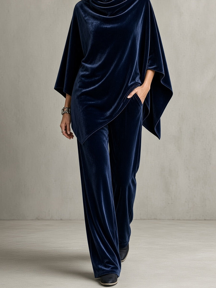 Costanzia, completo con poncho a collo drappeggiato e pantalone, blu navy