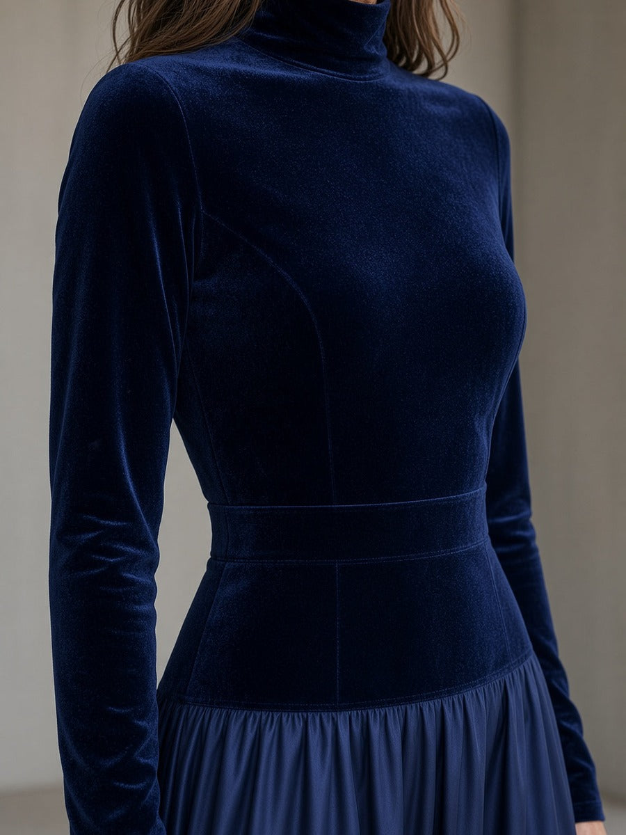Virna, abito lungo con corpetto in velluto a collo alto e gonna fluida, blu navy, dettaglio