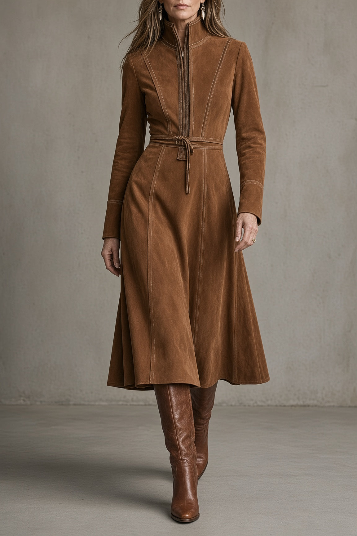 Ornella | Abito Midi con Collo Alto, Zip e Cintura