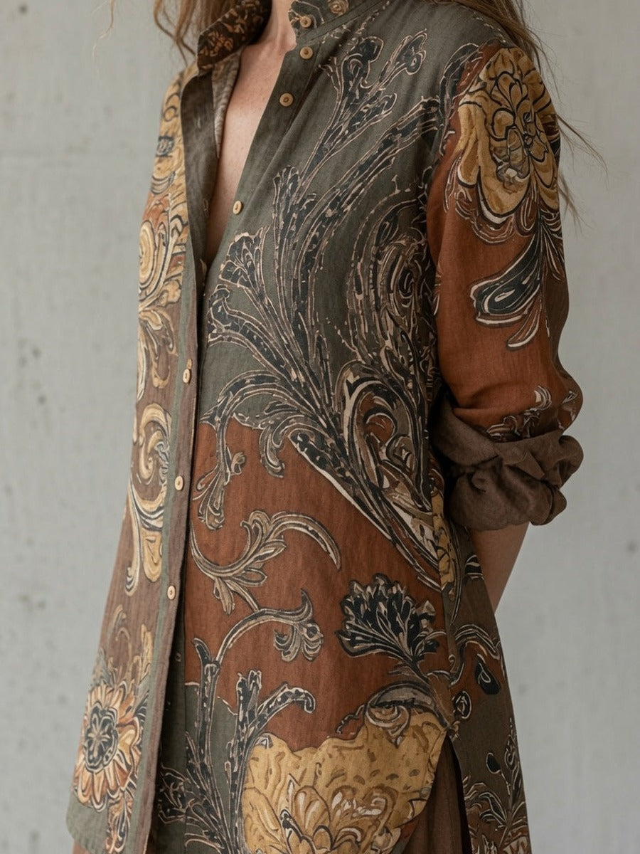 Elisea, completo camicia a stampa paisley e pantalone morbido, marrone, dettaglio