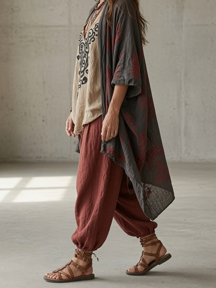 Nausicaa, completo tre pezzi con kimono, blusa a volute e pantalone alla turca, terracotta