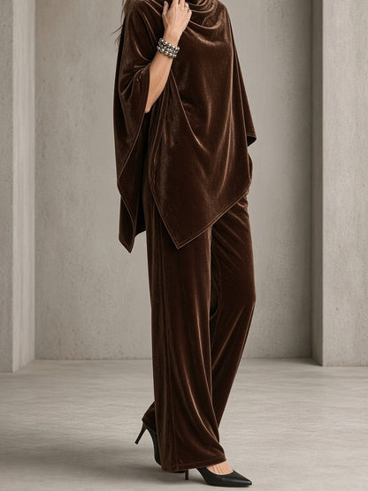Costanzia, completo con poncho a collo drappeggiato e pantalone, cioccolato
