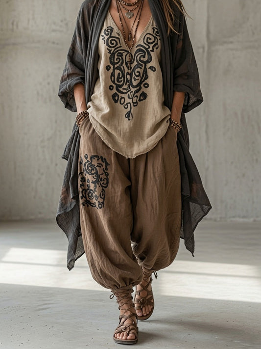 Nausicaa, completo tre pezzi con kimono, blusa a volute e pantalone alla turca, marrone