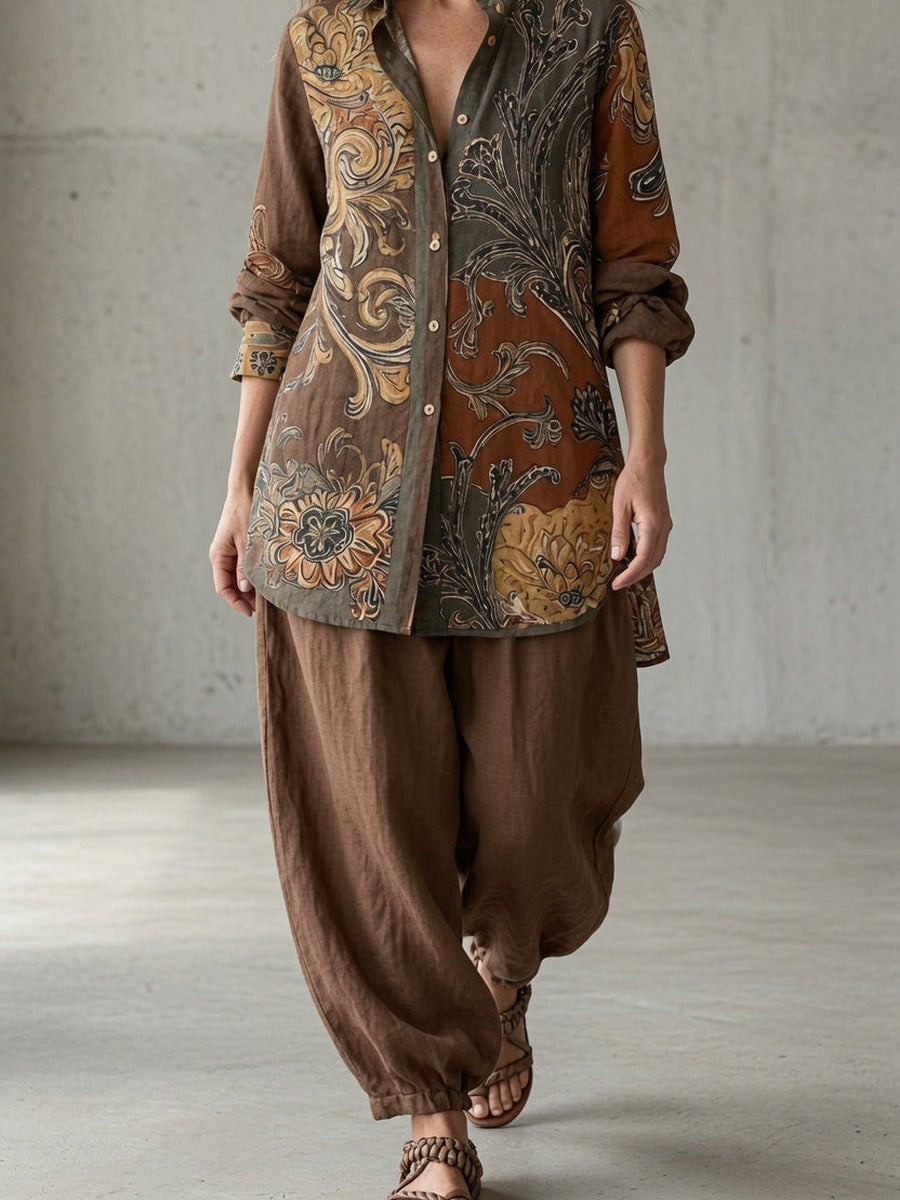 Elisea, completo camicia a stampa paisley e pantalone morbido, marrone