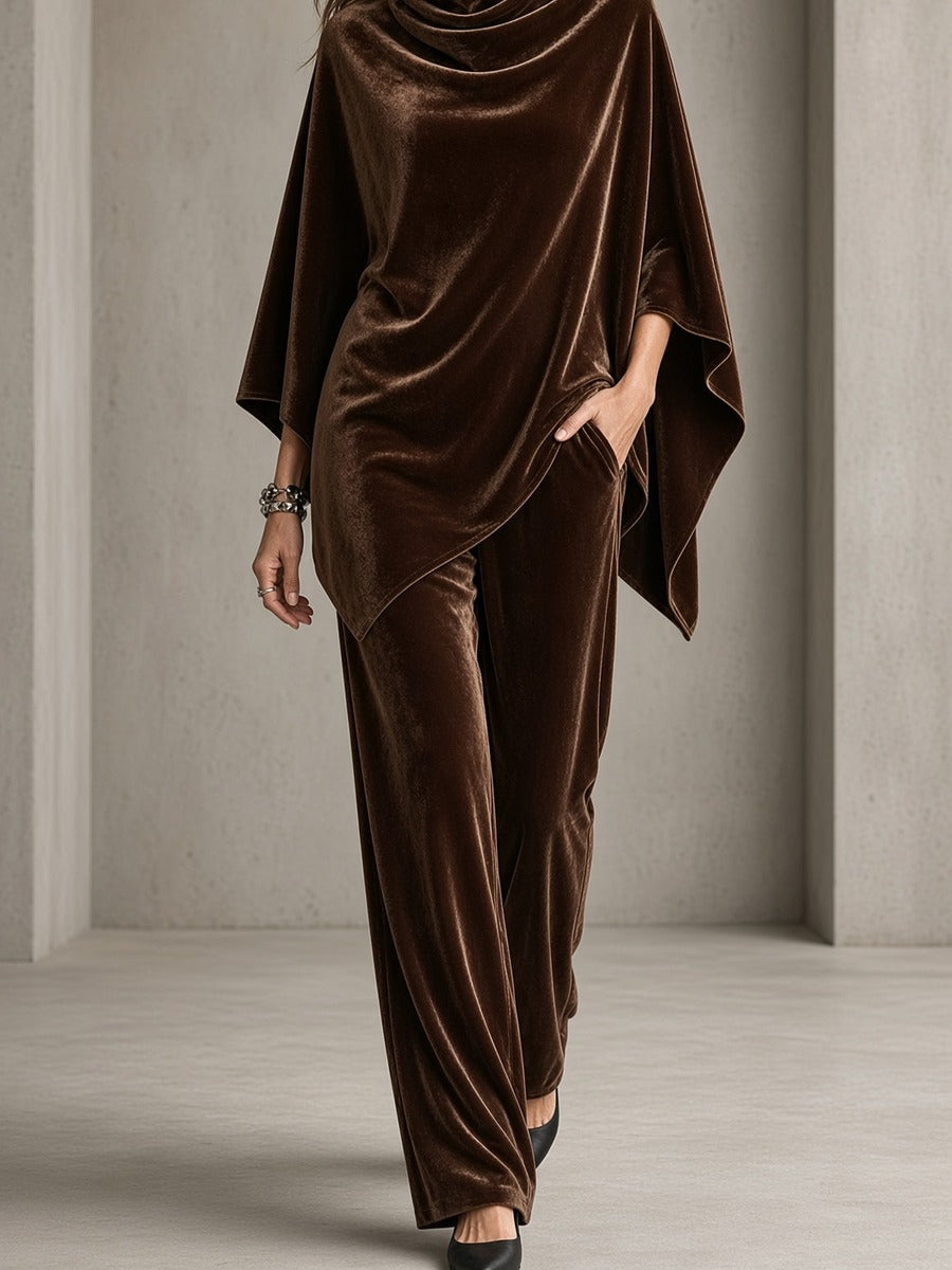 Costanzia, completo con poncho a collo drappeggiato e pantalone, cioccolato