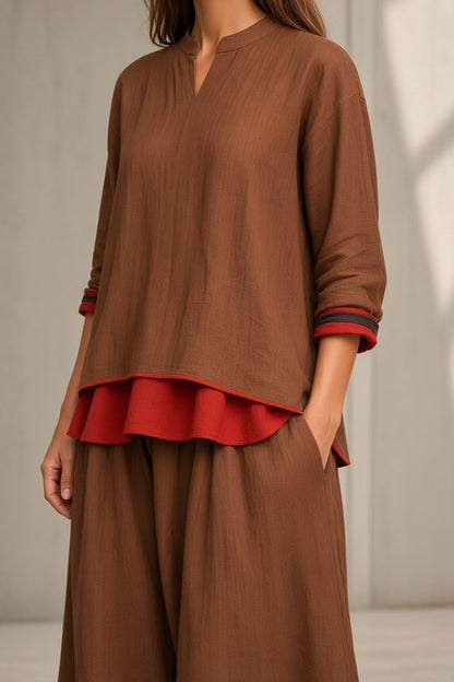 Alessia | Completo Top con Strato Rosso e Pantalone Ampio
