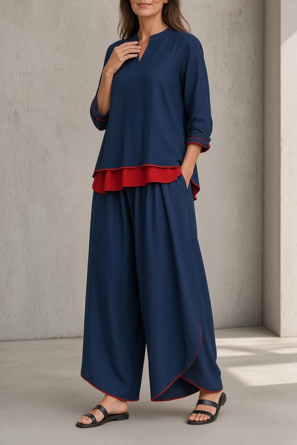 Alessia | Completo Top con Strato Rosso e Pantalone Ampio