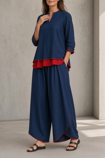 Alessia | Completo Top con Strato Rosso e Pantalone Ampio