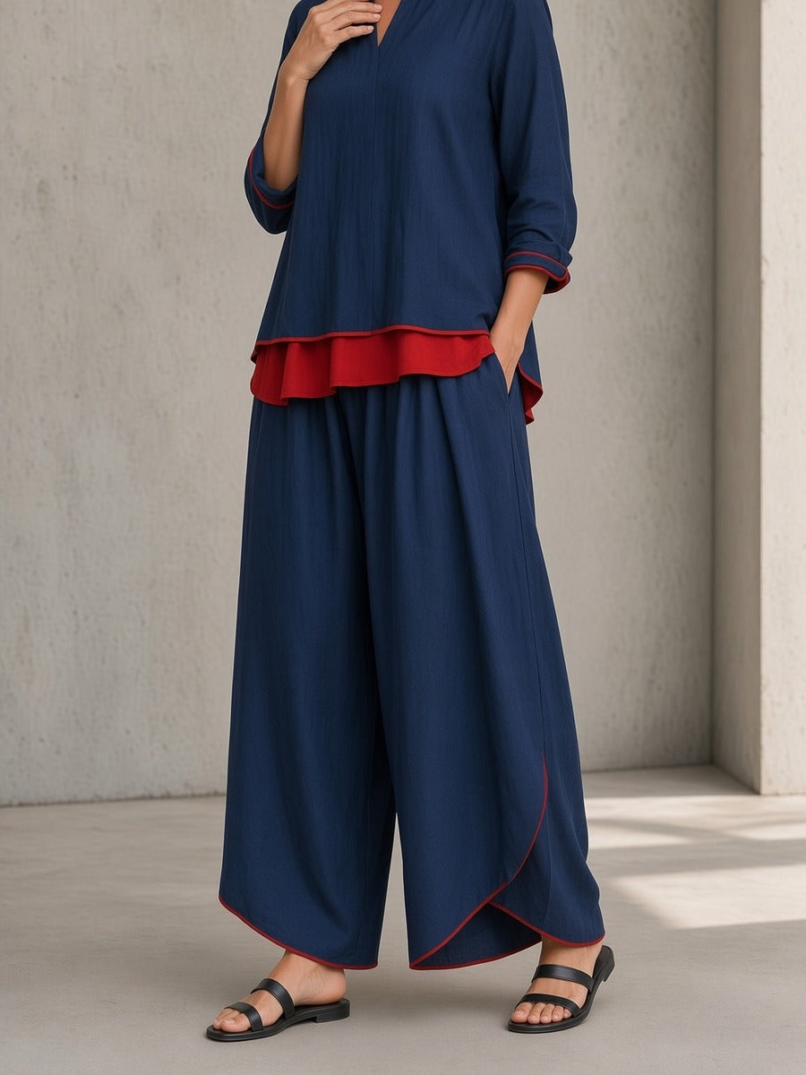 Vittorina, completo con blusa coreana e pantalone ampio a contrasto rosso, blu navy