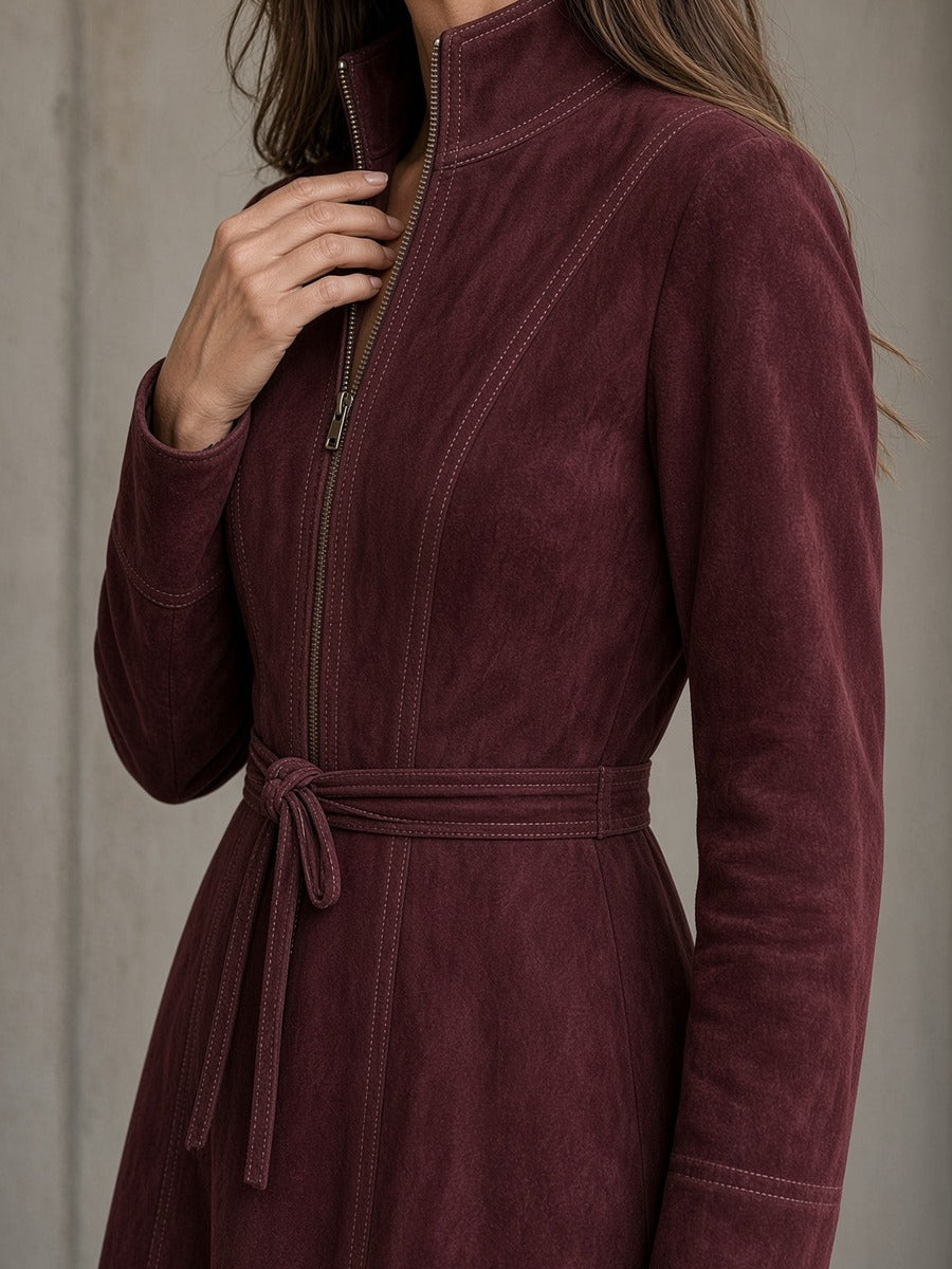 Uberta, abito midi effetto scamosciato con collo alto, zip e cintura, bordeaux, dettaglio