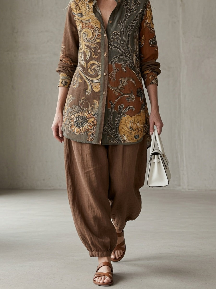 Calliope, completo camicia stampata a volute e pantalone alla turca, marrone