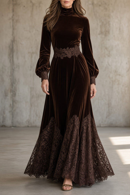 Monica | Abito Maxi in Velluto con Pizzo, Marrone