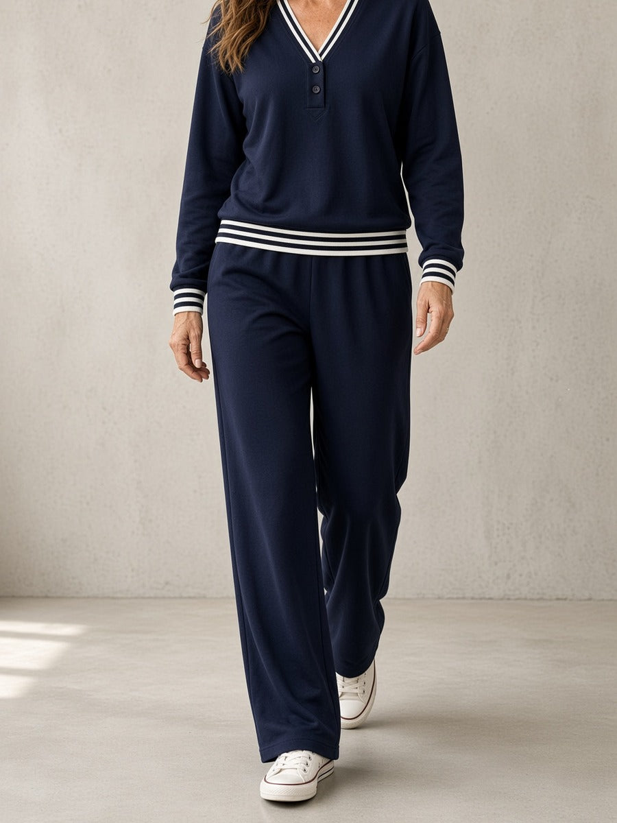 Giacoma, completo con felpa scollo a V, bordi a righe e pantalone ampio, blu navy