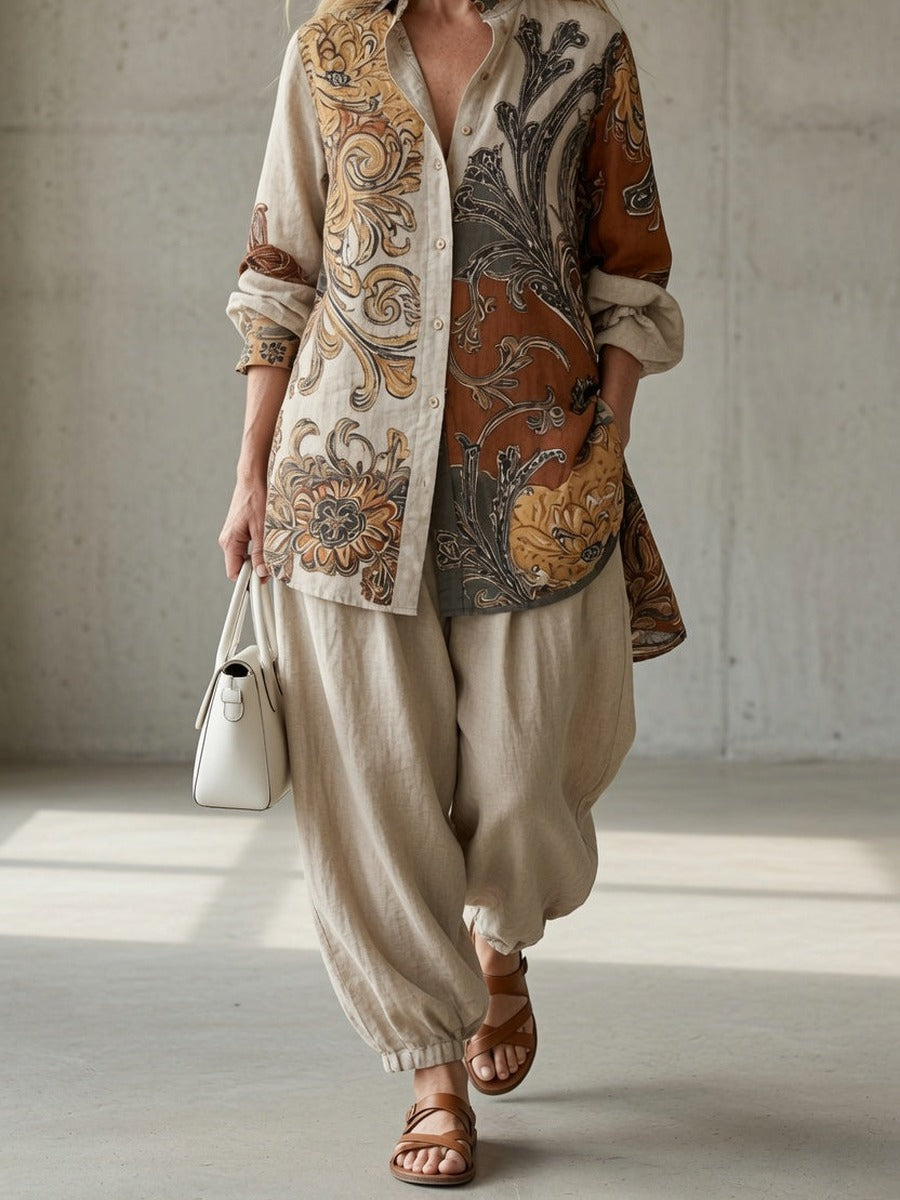Calliope, completo camicia stampata a volute e pantalone alla turca, bianco
