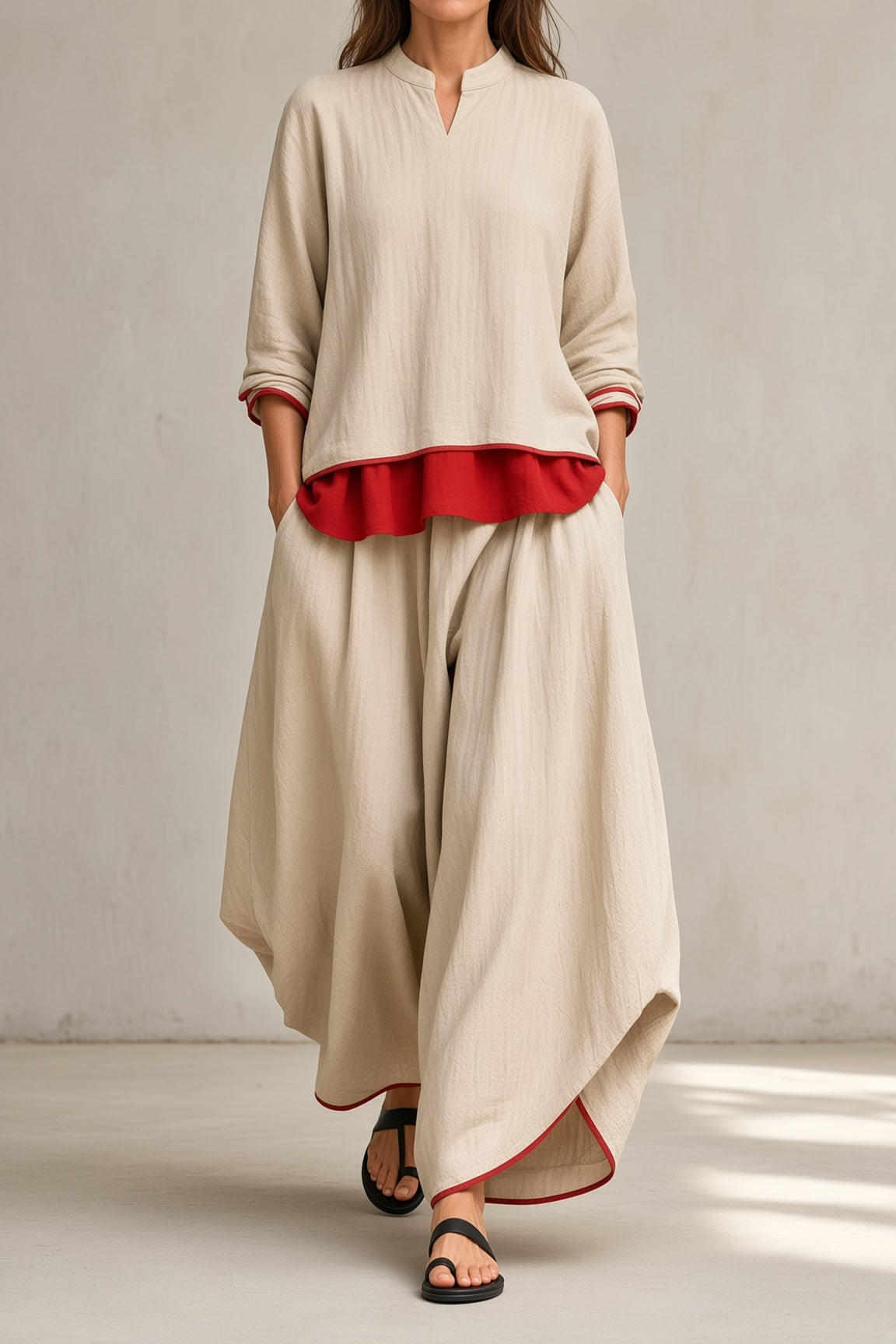 Alessia | Completo Top con Strato Rosso e Pantalone Ampio