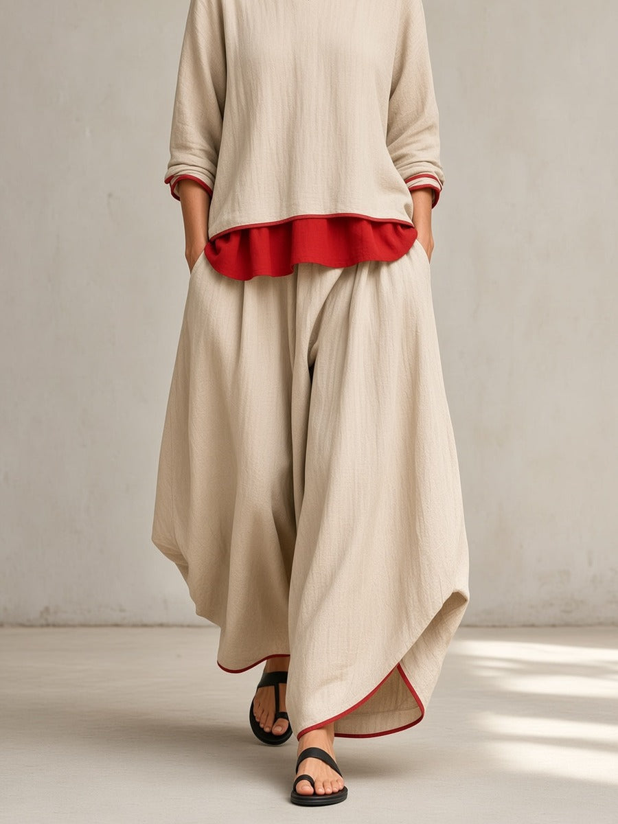 Vittorina, completo con blusa coreana e pantalone ampio a contrasto rosso, crema