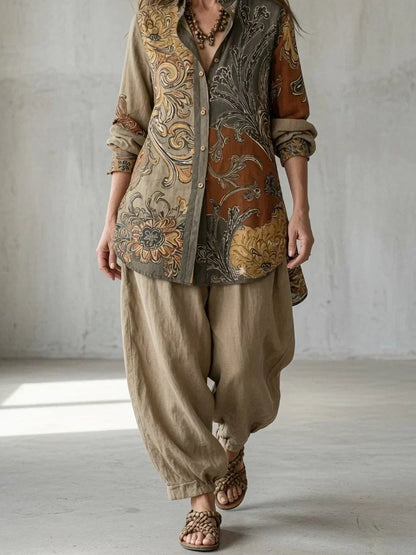 Calliope, completo camicia stampata a volute e pantalone alla turca, beige