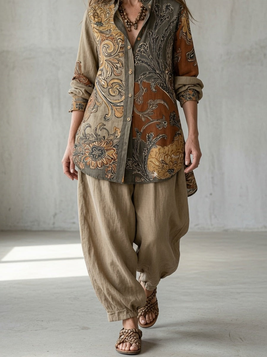 Elisea, completo camicia a stampa paisley e pantalone morbido, beige