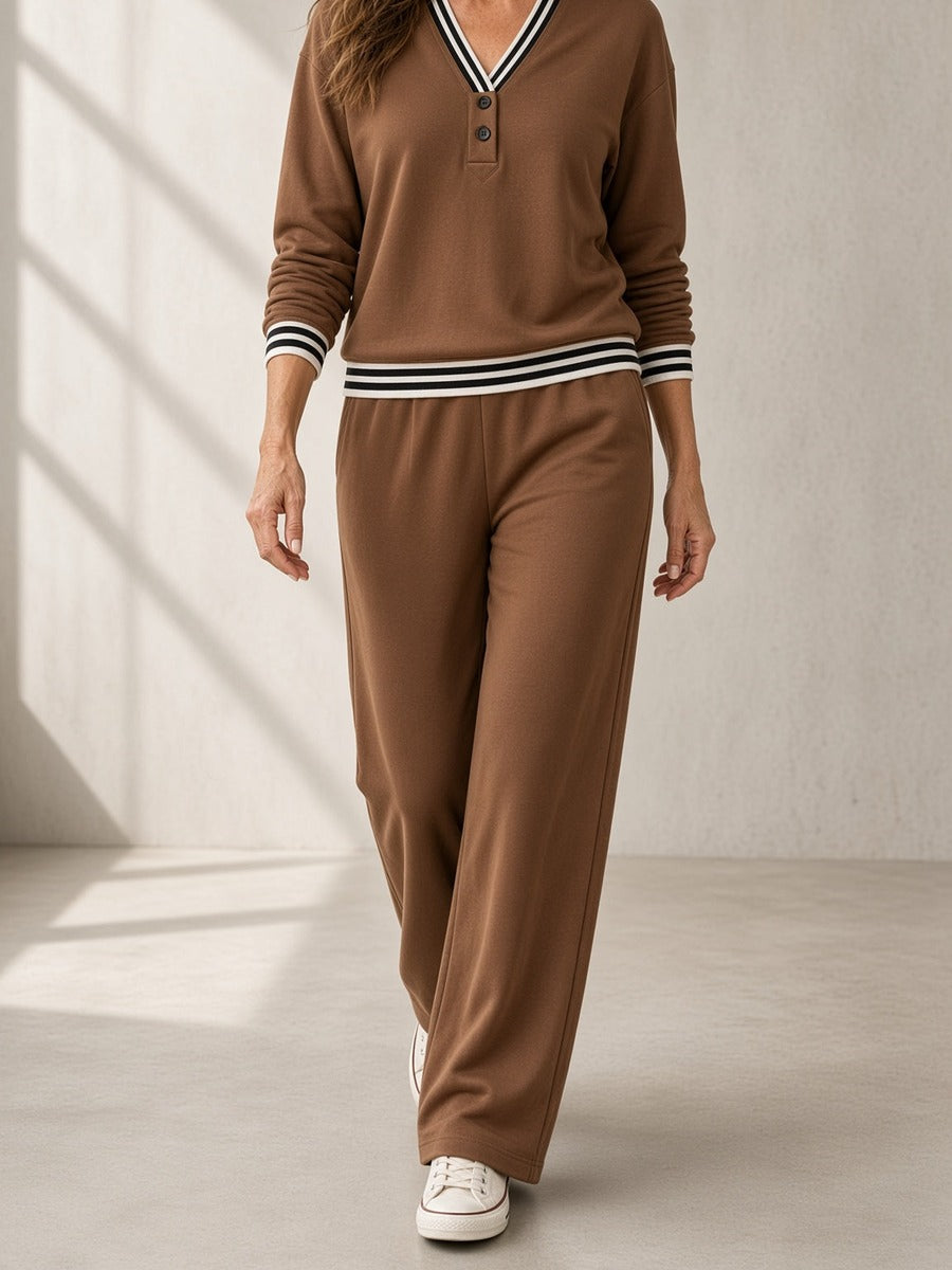 Giacoma, completo con felpa scollo a V, bordi a righe e pantalone ampio, caffè