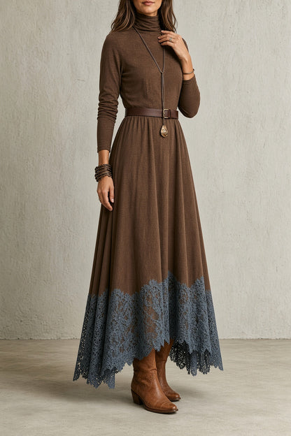 Novella | Abito Maxi con Orlo in Pizzo Blu, Marrone