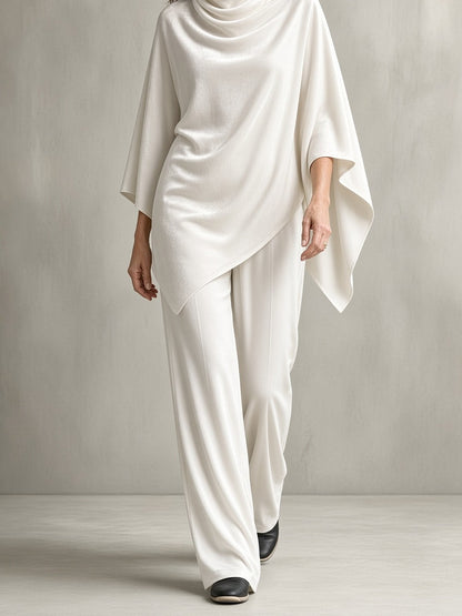 Costanzia, completo con poncho a collo drappeggiato e pantalone, bianco