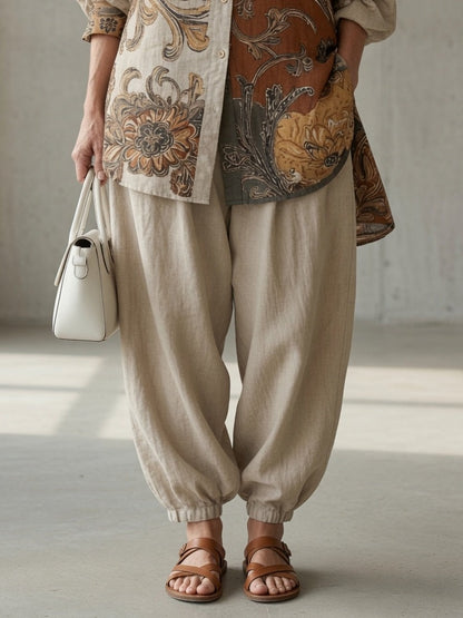 Calliope, completo camicia stampata a volute e pantalone alla turca, bianco