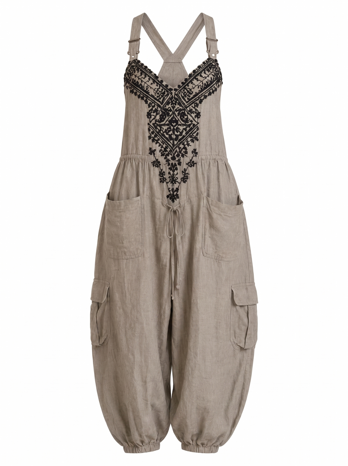 Emma, salopette boho colore grigio, flat lay prodotto