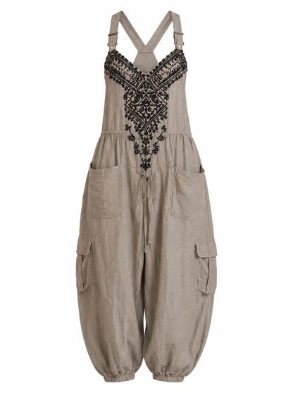 Emma, salopette boho colore grigio, flat lay prodotto