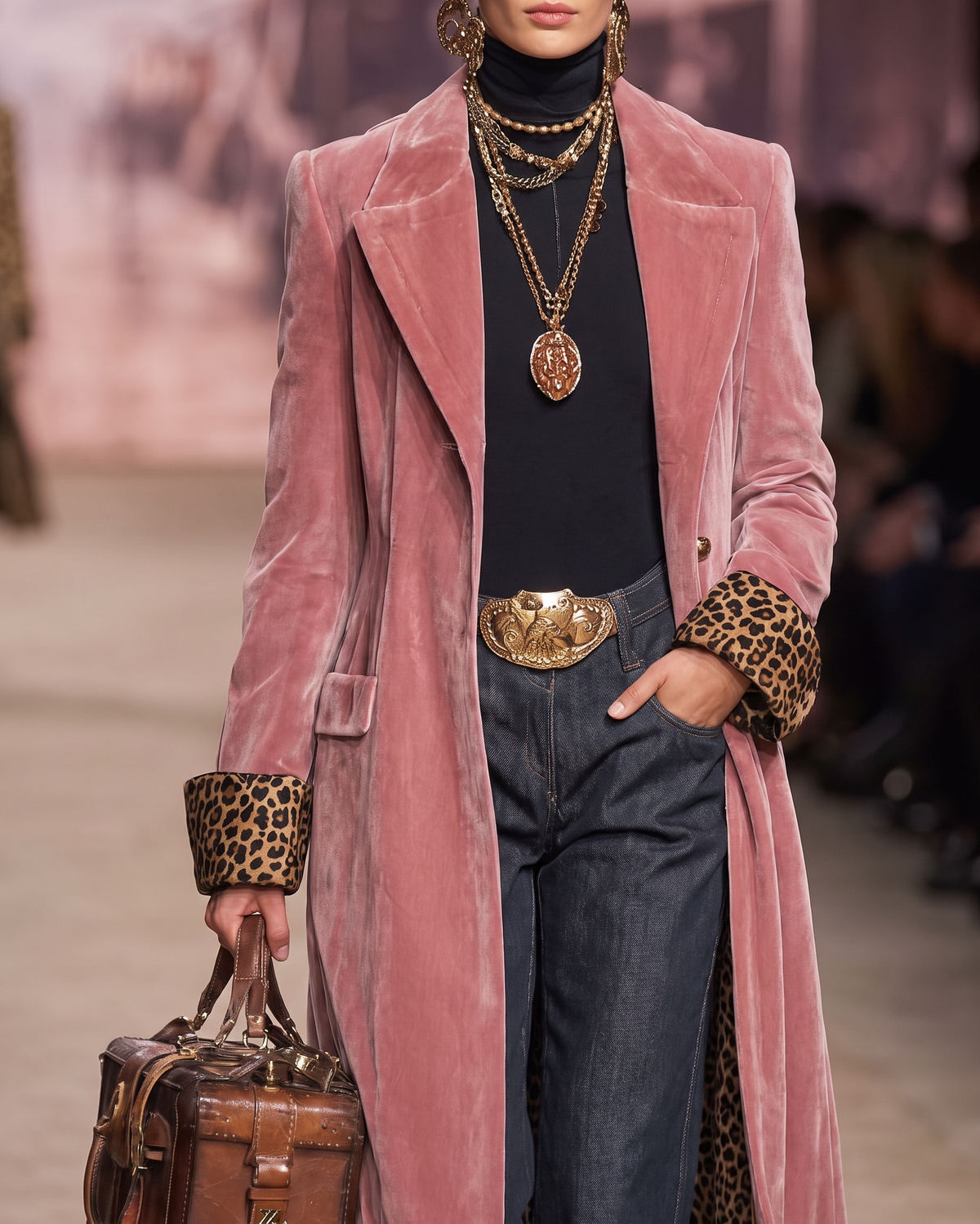 Maddalena | Cappotto Lungo con Revers e Dettagli Leopardati