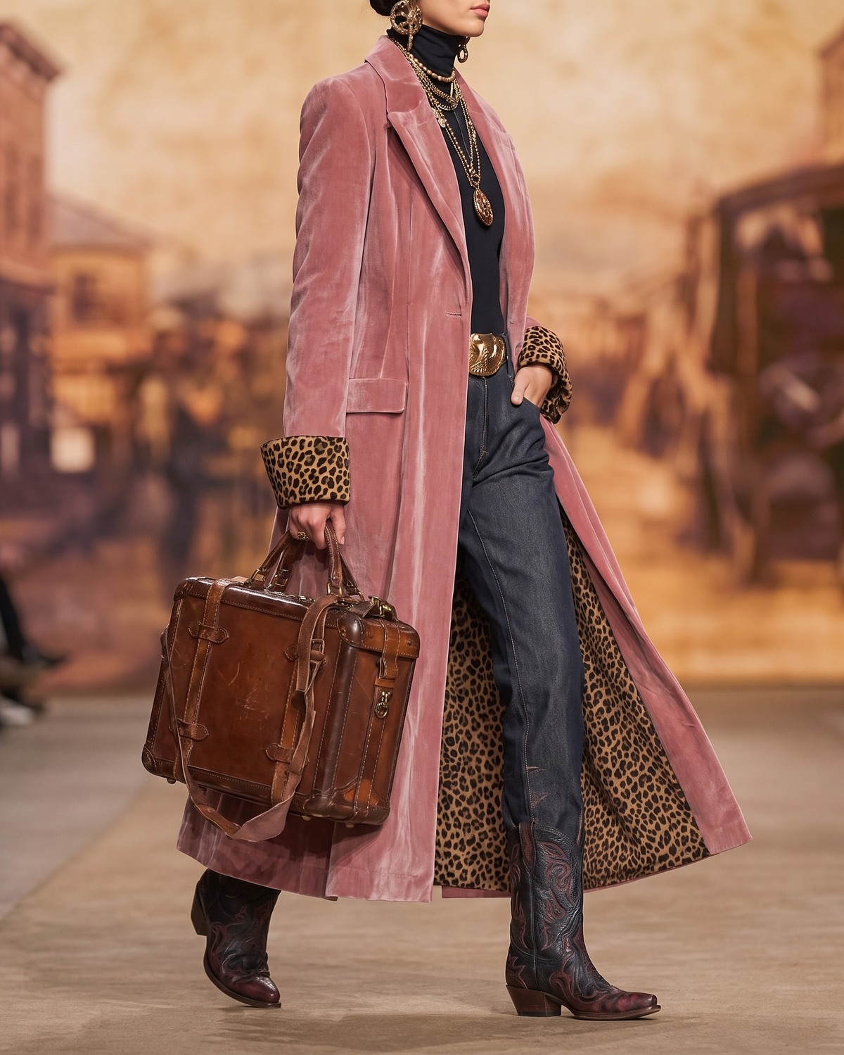 Maddalena | Cappotto Lungo con Revers e Dettagli Leopardati