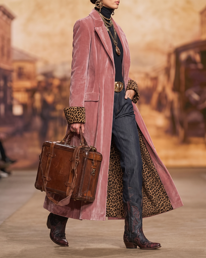 Maddalena | Cappotto Lungo con Revers e Dettagli Leopardati