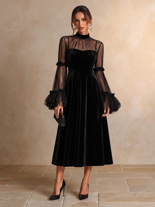 Berenice | Abito Midi in Velluto con Maniche in Tulle, Nero