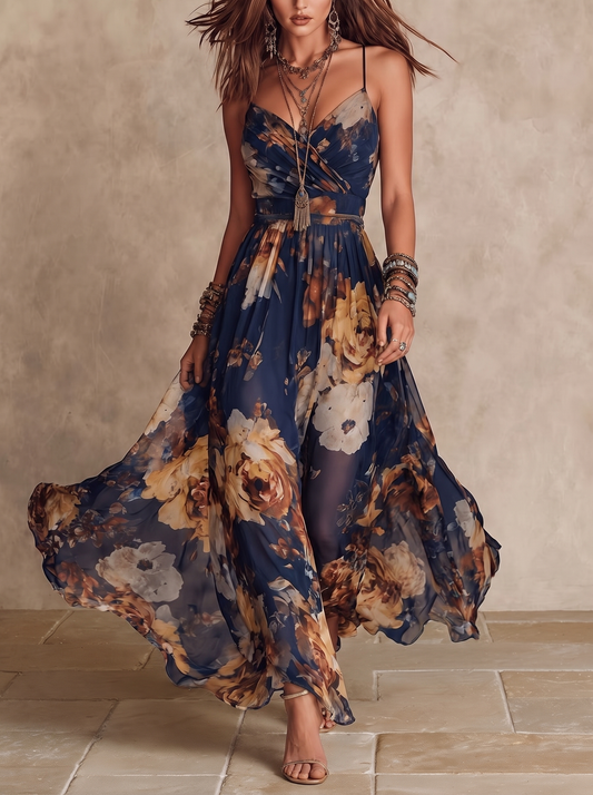 Melissa | Abito Maxi in Chiffon a Fiori con Spalline Sottili, Blu Navy