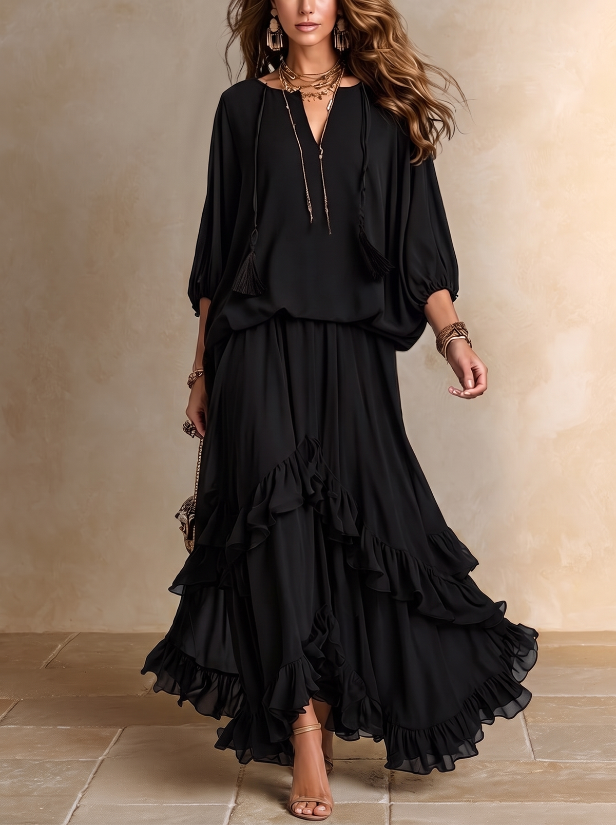 Annalisa | Completo Top in Chiffon e Gonna a Balze, Nero