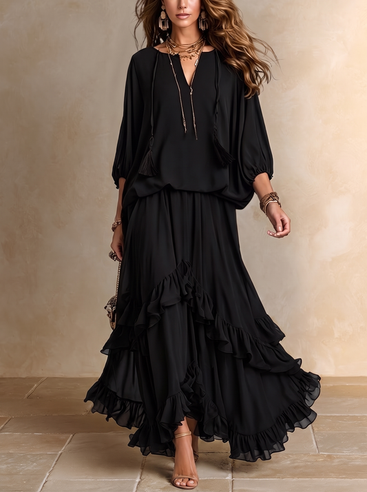 Annalisa | Completo Top in Chiffon e Gonna a Balze, Nero