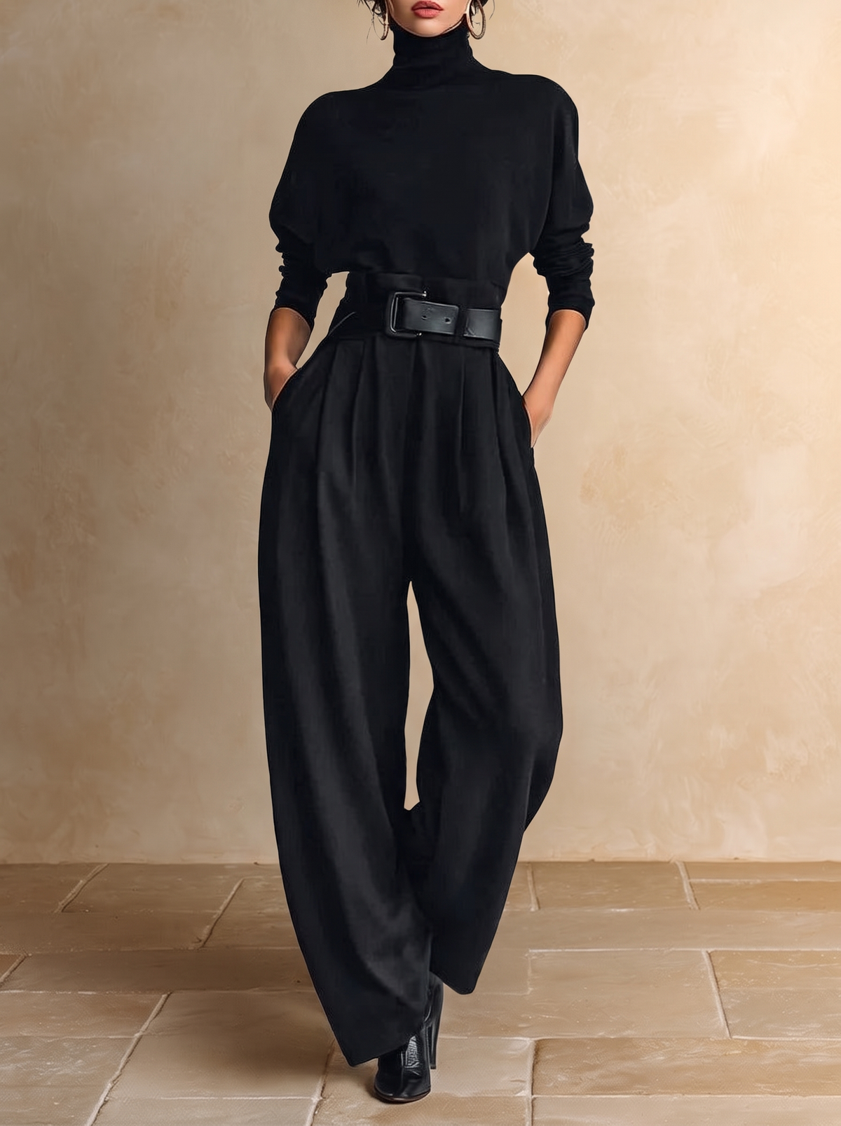 Jolanda | Completo Dolcevita e Pantalone con Cintura, Nero