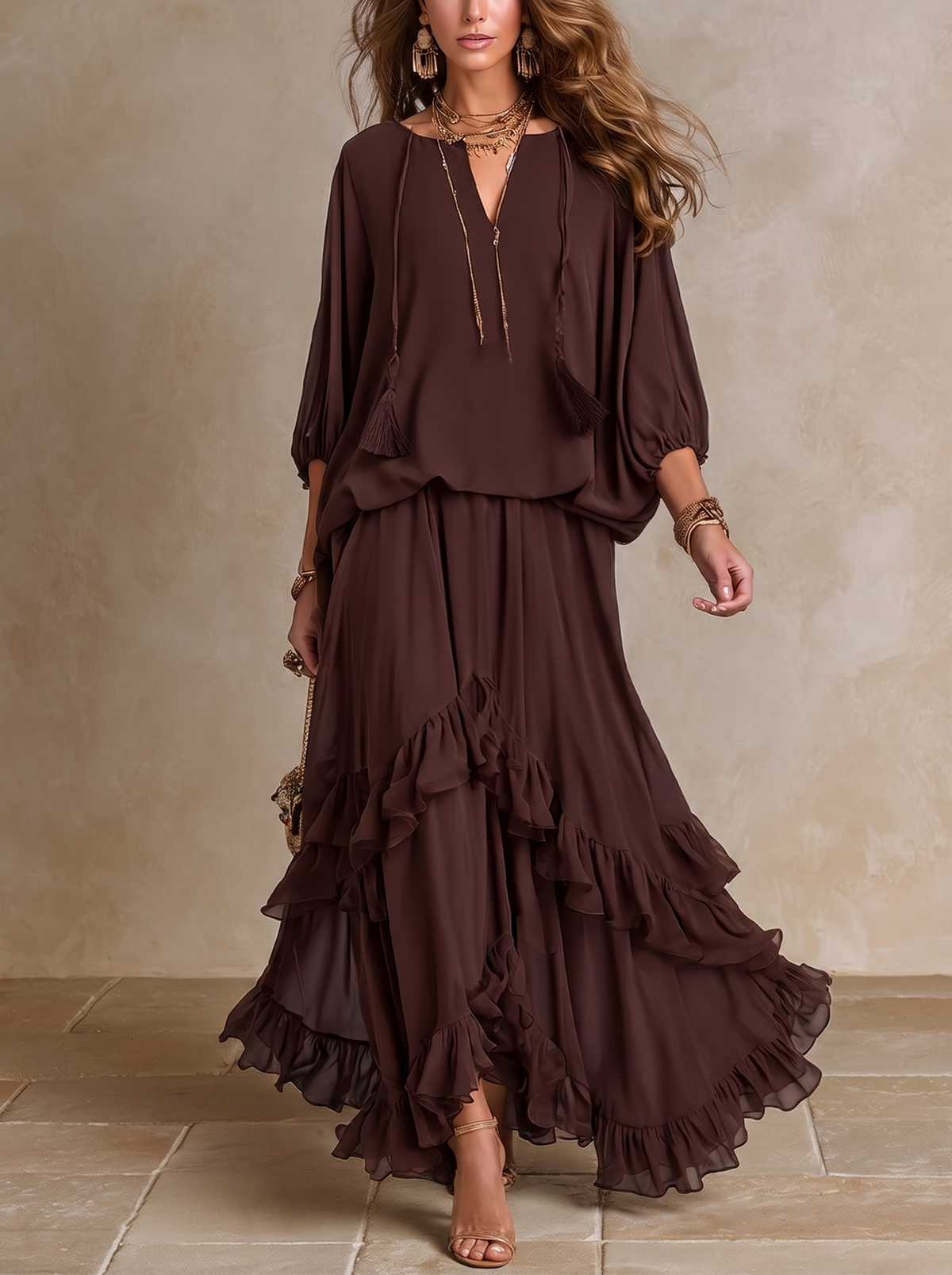 Dalila | Completo Top in Chiffon e Gonna a Balze, Cioccolato