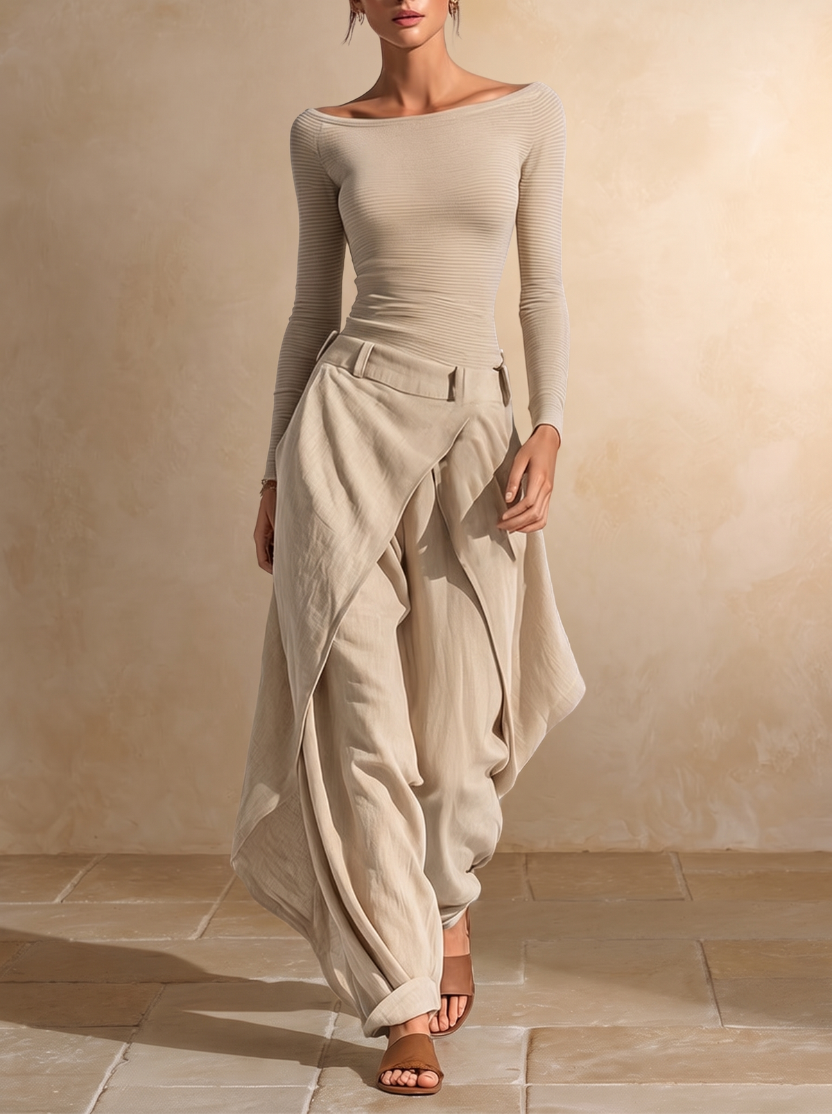 Orsola | Completo Top a Barca e Pantalone a Strati, Beige