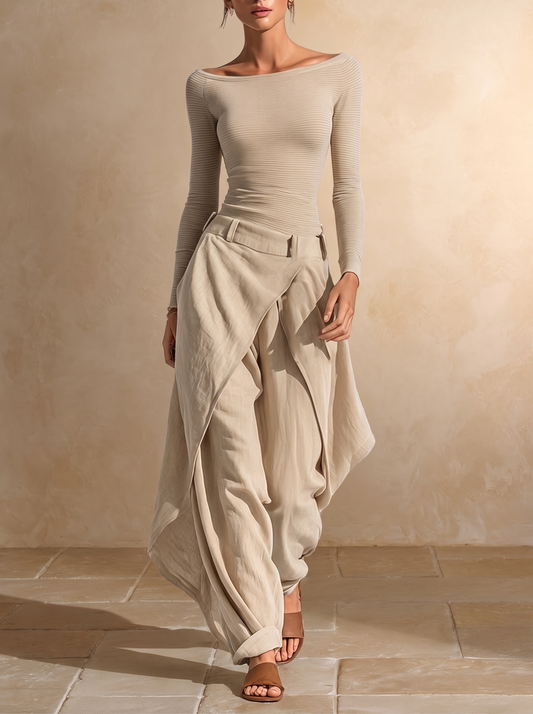 Orsola | Completo Top a Barca e Pantalone a Strati, Beige