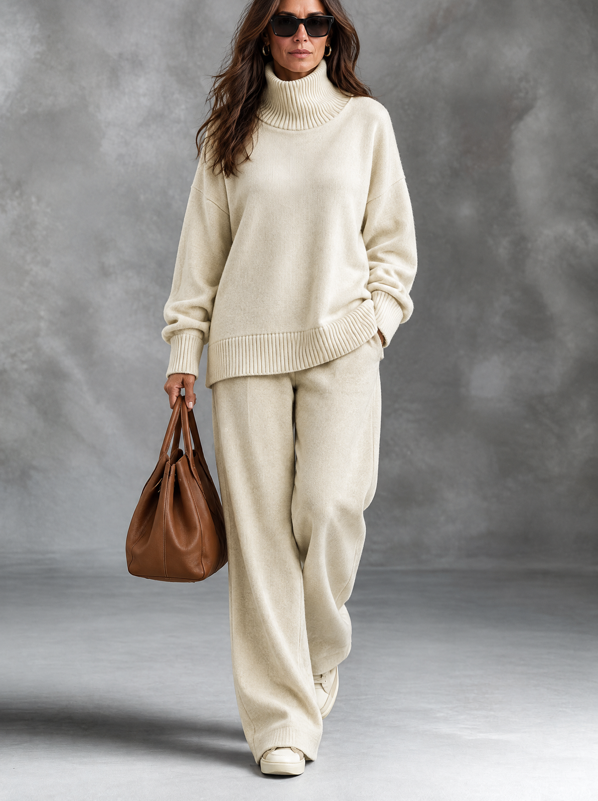 Gianna, completo con maglia a collo alto e pantalone a gamba dritta, Beige