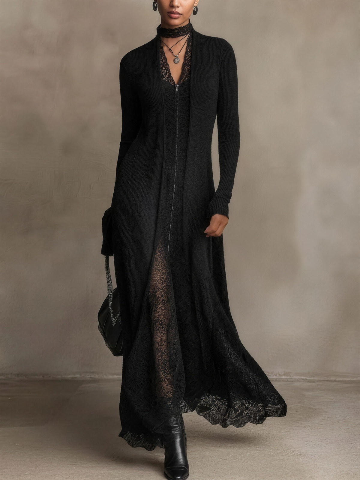 Annamaria, abito maxi in maglia a coste con inserti in pizzo, Nero