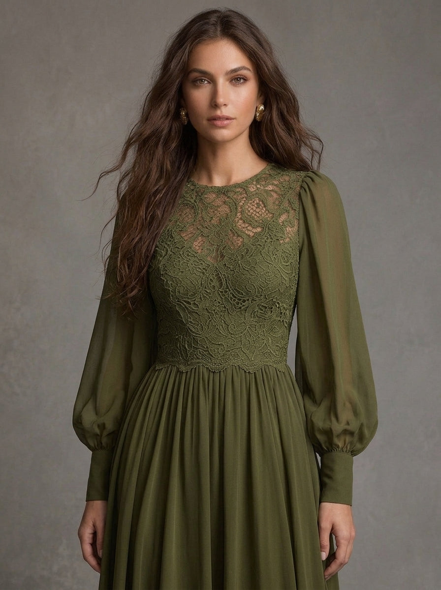 Ifigenia — abito midi in chiffon verde oliva, dettaglio corpetto in pizzo e maniche a sbuffo