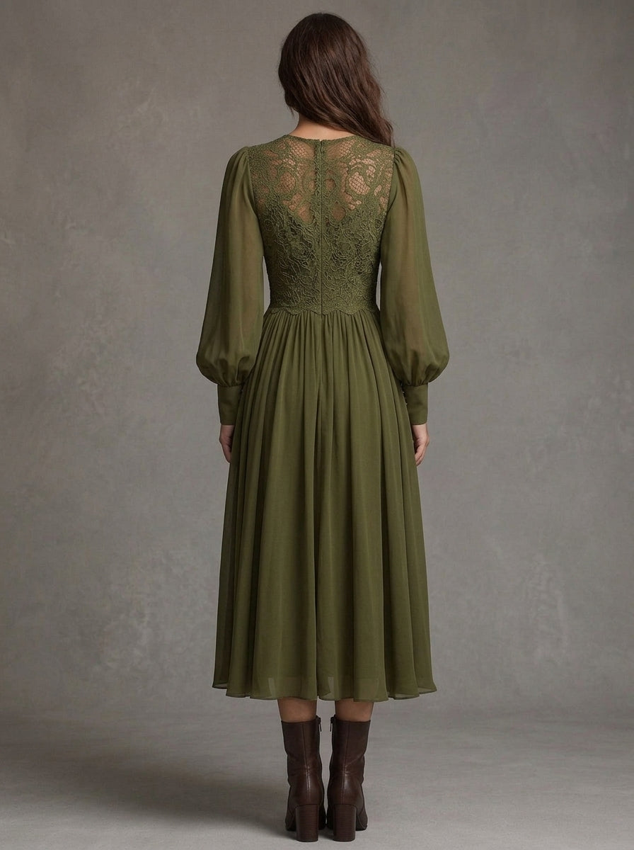 Ifigenia — abito midi in chiffon verde oliva, vista posteriore