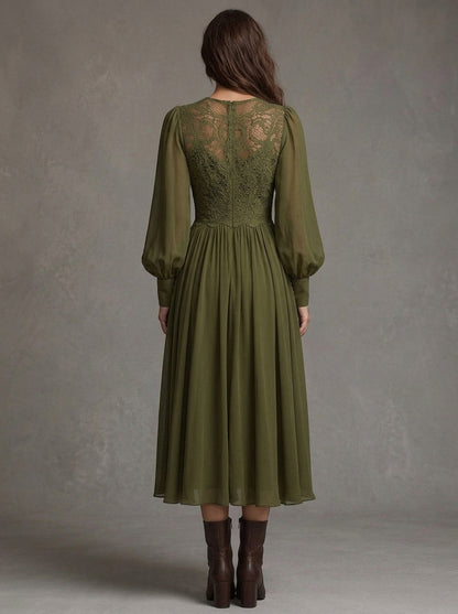 Ifigenia — abito midi in chiffon verde oliva, vista posteriore