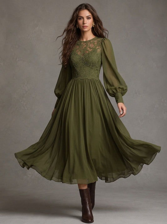 Ifigenia | Abito midi in chiffon con corpetto in pizzo e maniche a sbuffo, Verde Oliva