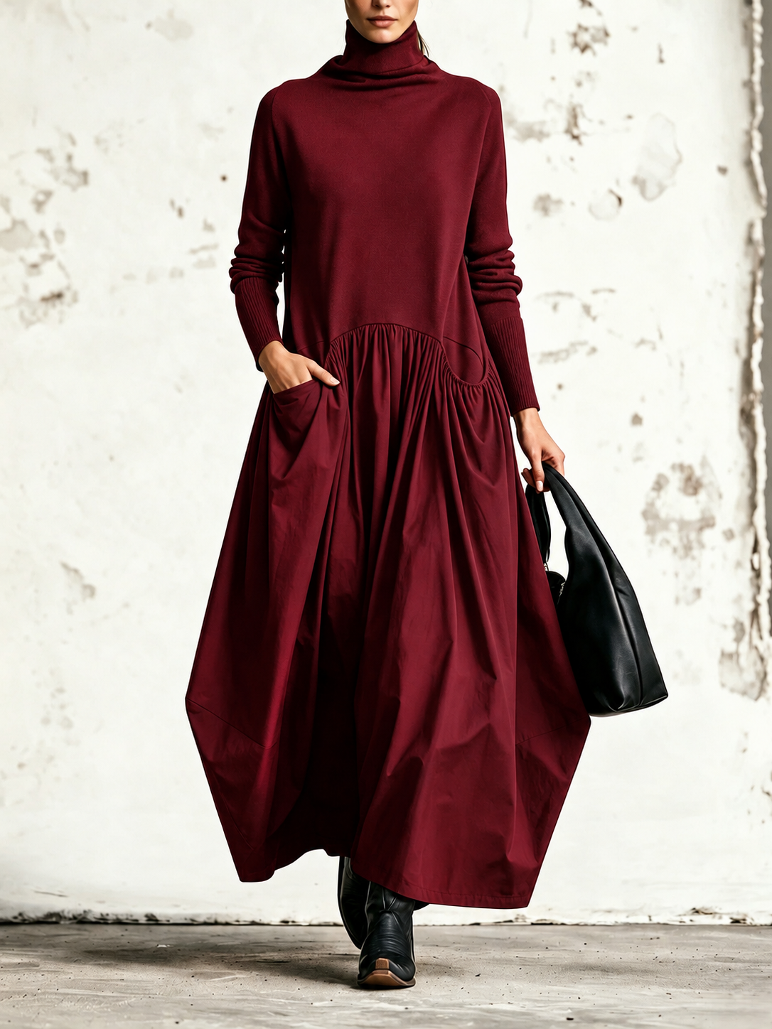 Ilaria | Abito Maxi Oversize a Collo Alto con Tasche